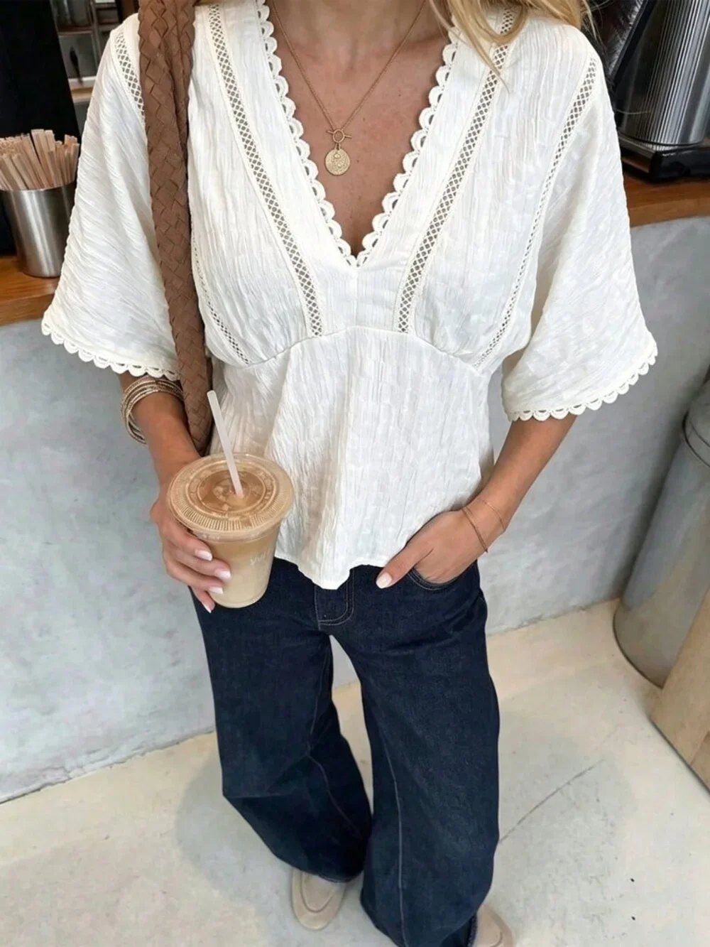 White Casual Women's French Lace Deep V-Neck Short Sleeve Regular Fit Peplum Top